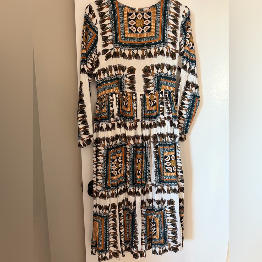 Dainty Jewells White Midi Dress with Teal and Mustard Geometric Print